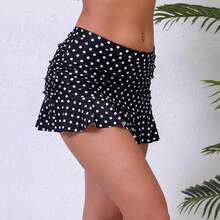 Halcurt Women's Low Waisted Ruched Ruffle Swim Skirts With Hipster Bikini Bottoms Tummy Control Swimsuit - Black/Polka Dot 1 - View 3