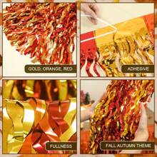 1pc Red, Orange & Gold Metallic Foil Wave Fringe Table Skirt, Fits Rectangular & Round Tables, Thanksgiving Party Harvest Autumn Season Table Decor Gift
