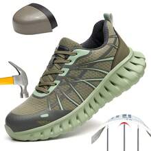 男士安全鞋，系带工作运动鞋，男士透气工作靴，防砸防刺穿安全，柔软透气舒适，黑绿色，适合户外徒步、建筑施工