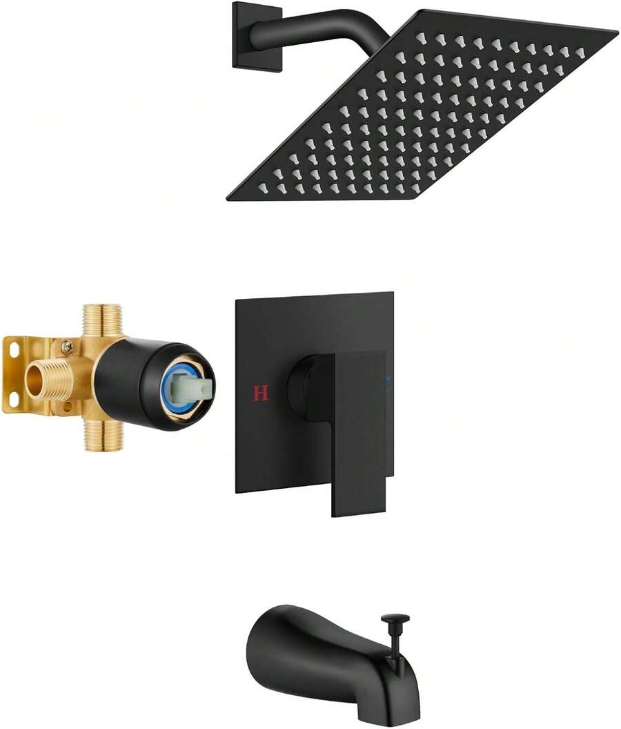 Shower Faucet Set Matte Black Tub Faucet Set With 8 Inch Rainfall Shower Head And Tub Spout Single-Handle Tub Shower Wall Mount High Pressure Shower System Combo - Matte Black - View 1