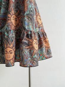 Rusttydustty Women's Retro Print V-Neck Loose Short Dress - Green - View 7