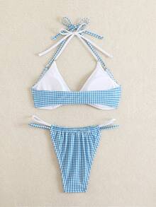 女士夏季沙滩格纹系带露背圆环比基尼套装