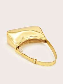 1pc Mirrored Silver Color Handbag, Shiny Leather Reflective Clutch For Girls - Gold - View 4