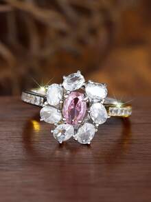 1pc Elegant Shiny 925 Sterling Silver Egg-Shaped Pink Zirconia Flower Design Ring, Bridal Engagement Wedding Anniversary Gift, Birthstone Ring, Fine Jewelry - Pink - View 4