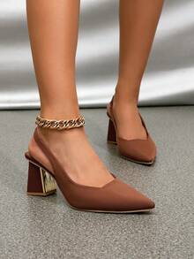 女士缎面尖头露跟粗跟高跟鞋优雅中正装鞋适合办公室聚会婚礼正式和休闲场合时尚鞋履理想春夏秋季穿着小猫穆勒鞋女士一脚蹬露跟蝴蝶结别致办公室聚会婚礼高跟鞋 - 咖啡色 - 查看 6