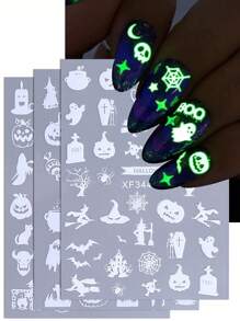 3 pezzi Adesivi per unghie autoadesivi con design luminosi di cartoni animati per Ognissanti, motivi di zucca, fantasma, teschio, ragnatela, pipistrello, gatto nero e ragno, decorazioni per manicure e unghie per le festivit
