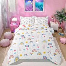 Erosebridal 2/3 Pcs Rainbow Comforter Set, Cartoon Rainbow Bedding Set For Teens Women, Hand Drawn Iridescent Print Bed Set, Colorful Clouds Love Heart Quilt For Room Decor - Soft Microfiber, Birthday Gifts - 白色黃色藍色 - 查看 1