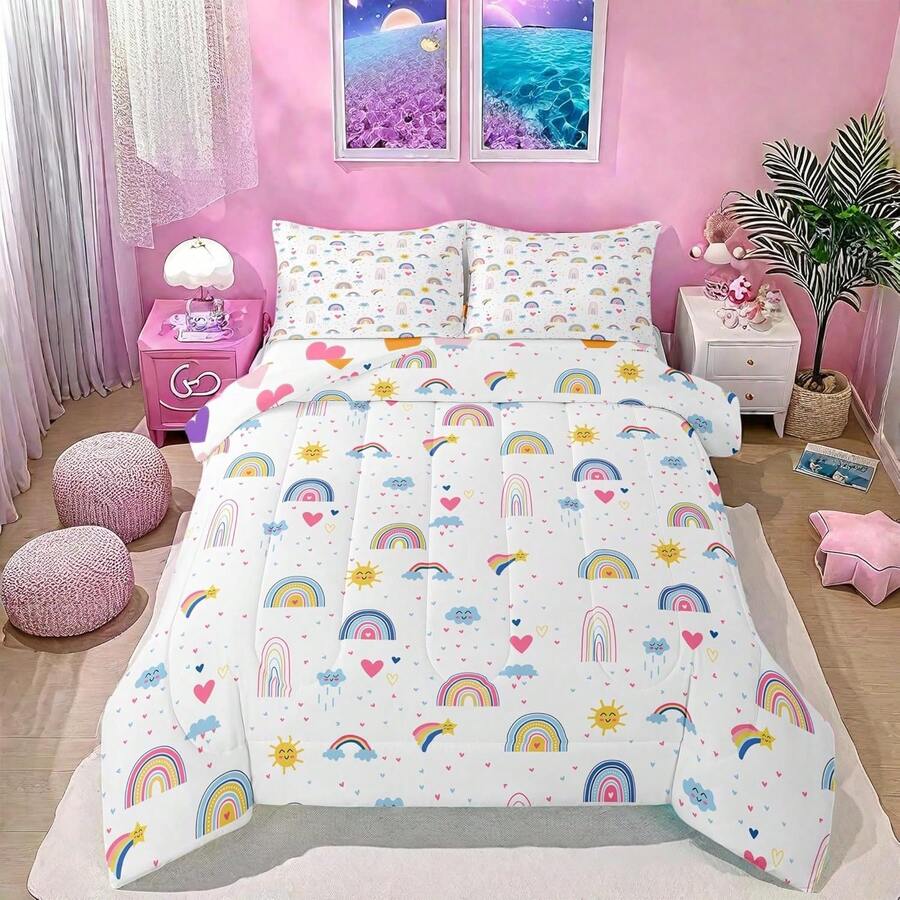 Erosebridal 2/3 Pcs Rainbow Comforter Set, Cartoon Rainbow Bedding Set For Teens Women, Hand Drawn Iridescent Print Bed Set, Colorful Clouds Love Heart Quilt For Room Decor - Soft Microfiber, Birthday Gifts - 白色黃色藍色 - 查看 1