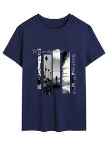 Men's Letter & Graphic Print Casual Versatile Short Sleeve T-Shirt, Summer - Navy Blue - View 2