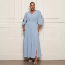 FASHION MIX PREMIUM Elegant Long Dress With Slit Long Sleeves With V-Neckline And Waist Adjustment Plus Size Women's Fits 46 To 50 - Màu xanh nhạt - Xem 2