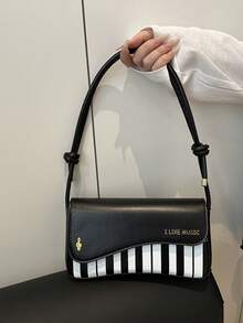 PU Material Versatile Casual Women's Shoulder Bag With Letter & Music Note Print - Black and White - View 4
