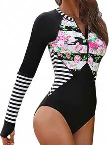 Sexy elegancia Manga Larga de una Pieza Traje de baño Rash Guard Mujeres Imprimir Traje de baño Negro Cremallera Surfing Taje de baño de Cuello Alto - Blanco y Negro - Ver 5