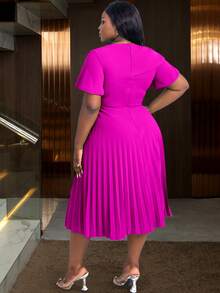 Plus Size Women Asymmetric Neckline Elegant Ruffle Sleeve A-Line Dress, Suitable For Commute, Graduation Ceremony, Church Service, Graduation Gown Summer - Hot Pink - View 3