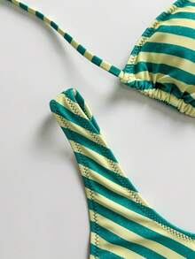 Women's Basic Striped Print Swimsuit, Suitable For Various Occasions From Pool To Beach In Summer, Daily Mini Triangle Bikini Beach Outfit - Dark Green - View 5