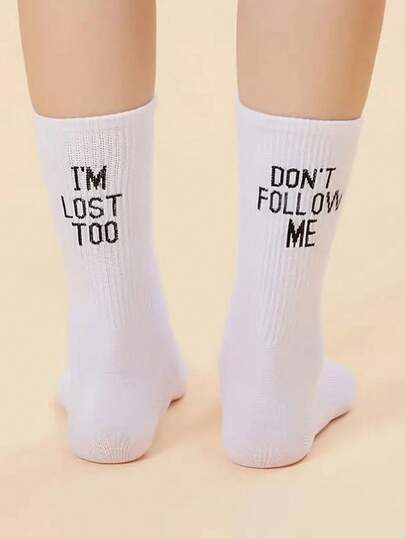 1 Pair Unisex White Letter Print Crew Socks, Creative Fashion Casual Versatile Daily Wear
