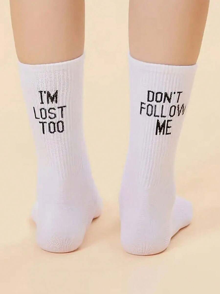 1 Đôi tất dài đến bắp chân in chữ đen trắng Unisex, tất thể thao, thời trang sáng tạo, thường ngày, đa năng, mùa thu - Đen và trắng - Xem 1