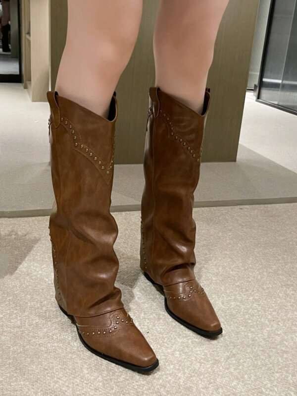 Elegant Women Fashion Boots, Classic Slip-On High Heel Rivet Western Boots, Black High Heel Dress Boots, Brown High Heel Dress Boots, Brown High Heel Dress Boots, British Style Women Boots