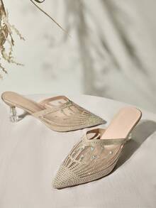 Dép lưới đính đá Rhinestone dành cho nữ, Dép cao gót mũi nhọn thời trang mới nhất mùa hè thanh lịch và mềm mại với gót mỏng trong suốt, tiện lợi khi mang và màu vàng làm quà tặng Giáng sinh mùa đông - Vàng - Xem 1