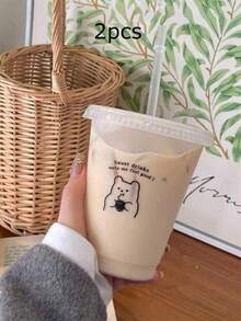 1pc 700ml Or 480ml PP Coffee Cup, Portable Cartoon Straw Cup, Ice American Coffee Cup, Couple Water Bottle - White - View 14