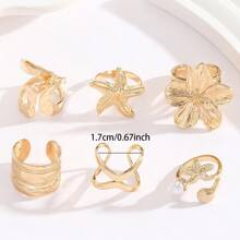 6pcs/Set Fashion Metal Golden Sea Star & Shell Flower Rings Set, Suitable For Gifts, Matching Daily Outfits, Parties, Dates, Beaches
