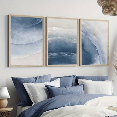 Blue Ocean & Beach Watercolor Trio Landscape Art Hanging, Set Of 3 Blue Illustration Wall Art Prints, Modern Artistic Brushwork, Unframed Canvas Print, Bedroom & Corridor Art Decorative Wall Art, Ideal Gift, Wall Art, Wall Decor, Room Decor,Poster Gifts Birthday Graduation Coastal Decor Coastal Decor Beach Decor