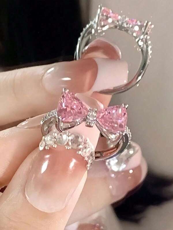 1pc Sweet & Elegant Pink Bow Heart Shaped Adjustable Ring, Suitable For Women, Everyday/Party Wear Valentines,Mom,Mother,Mother's Day,Gift