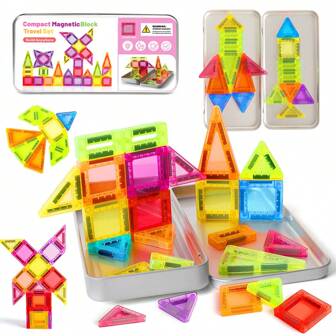 Mini magnetische blokken, magnetische bouwstenen met ijzeren doos, magnetisch speelgoed, reisformaat bouwset voor onderweg, STEM-reisspeelgoed voor jongens en meisjes vanaf 3 jaar, perfect cadeau voor verjaardagen en de klas voor het nieuwe schooljaar.