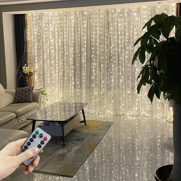 1 Stück USB betriebene LED Vorhanglichter, Weihnachtskranz Lichterkette, 8 Modi Fernbedienung, geeignet für Heim-/Schlafzimmerdekoration, Weihnachten, Hochzeit, Geburtstag, Party, Valentinstag und Halloween Deko