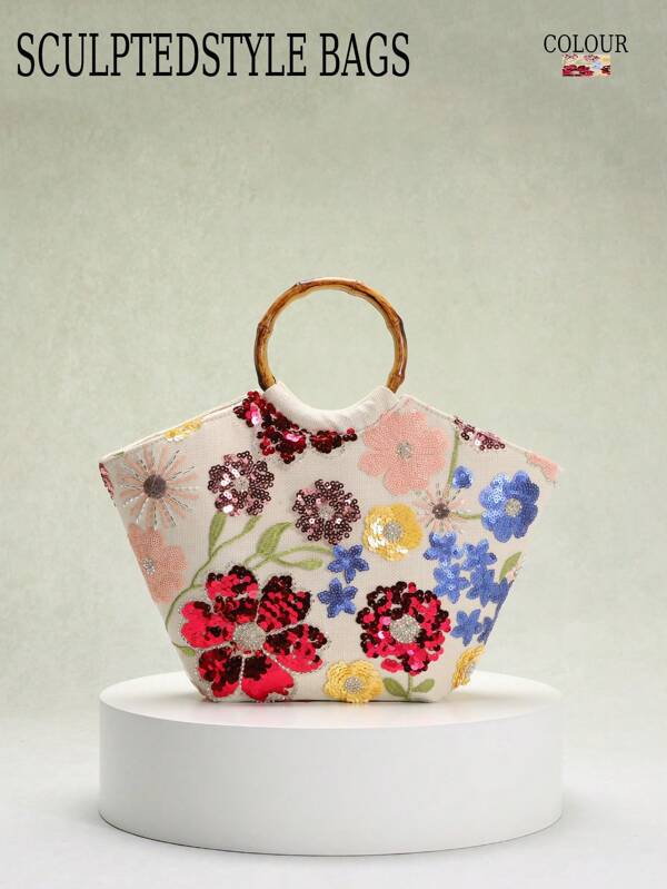 1 pieza Bolso de tela con base de lino blanco, bordado con malla de contraste, flores de lentejuelas de colores brillantes, asas de bambú estilo retro. Bolso casual de moda para playa y viajes de verano para damas.