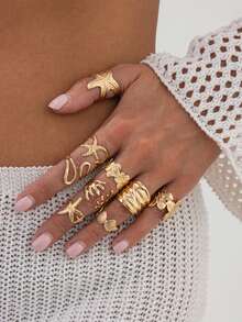 9 件套优雅海洋主题金色金属海星、花朵、珊瑚、几何开口戒指，适合日常、海滩、派对佩戴，节日礼物 - 查看 4