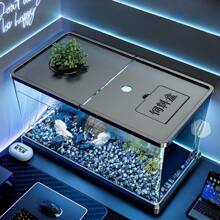 Acuario cubierto para uso doméstico, con alimentador de tortugas, acuario pequeño/mediano transparente para peces de colores, decoración de plantas acuáticas, acuario de escritorio para tortugas