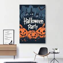 1 Piece,Cartoon Style, Pumpkin And Bat Dancing, "Halloween Party", Modern Frameless Art Decoration Painting, Printed Posters Mural, Waterproof Canvas,Suitable For Home, Office, Bedroom, Living Room, Study, Bathroom, Bar, Wall Arts And Home Decoration, Is An Ideal Holiday Gift Halloween Decor Fall Decor Room Decor