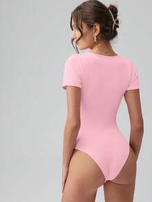 OQQ Women Bodysuits Ruched Short Sleeve Square Neck Stretch Lounge Travel Bodysuits - Pink - View 3