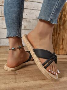 1 Pair Fashionable New Woven Sole Sandals For Teenagers, French Roman Beach Slippers For Summer, Pair With Dress And Fairy Style