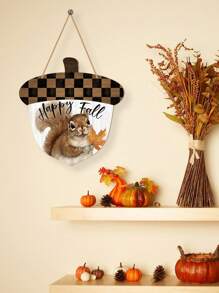1Pc/110Pcs Rustic Happy Fall Sign Squirrel And Pine Nut Wooden Door Signs Wall Hanging Fall Thanksgiving Door Sign For Farmhouse Harvest Autumn Porch Home Wall Indoor Outdoor Fall Door Decor