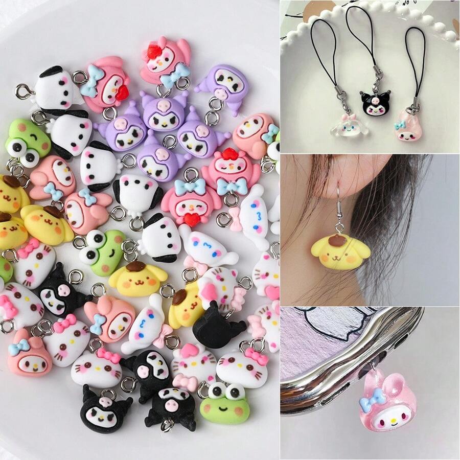 Sanrio 35 pingentes Sanrio: pingentes de resina Kawaii Hello Kitty e Kuromi para joias DIY - pulseiras, chaveiros, colares