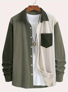 Corduroy Men's Casual Shirt, Corduroy Fabric Contrasted Collar Button Opening, Chest Pocket Design, Simple & Elegant, Versatile For Casual, Commuting, Street Wear, Spring & Autumn, Fall