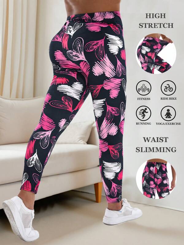 1Pc Plus Size Women Sports Leggings, High Elasticity Outdoor Workout Running Yoga Pants, Butt Lifting Shaping Fitness Training Boxjing Trousers. Soft & Comfortable Fleece Material, Heart Pattern Print, 7/8 Length, Suitable For Valentine"S Day, Festivals, Parties, Activities