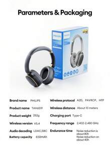 PHILIPS Casque Bluetooth à réduction de bruit active PHILIPS TAH6519, longue autonomie de la batterie, grande unité de commande, son surround, audio haute résolution, appel intelligent IA, faible latence pour le jeu, les sports, les affaires, la mode, pliable, casque sans fil supra-auriculaire