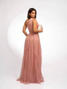 Long One-Shoulder, Shimmerless Dress With Cascade Skirt - 乾枯玫瑰色 - 查看 4
