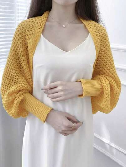 1pc Women Honeycomb Sleeve Shawl, Knitted Hollow Out Collar Cardigan, Fashion Shawl For Gather And Daily Wear, Spring/Summer For Dress