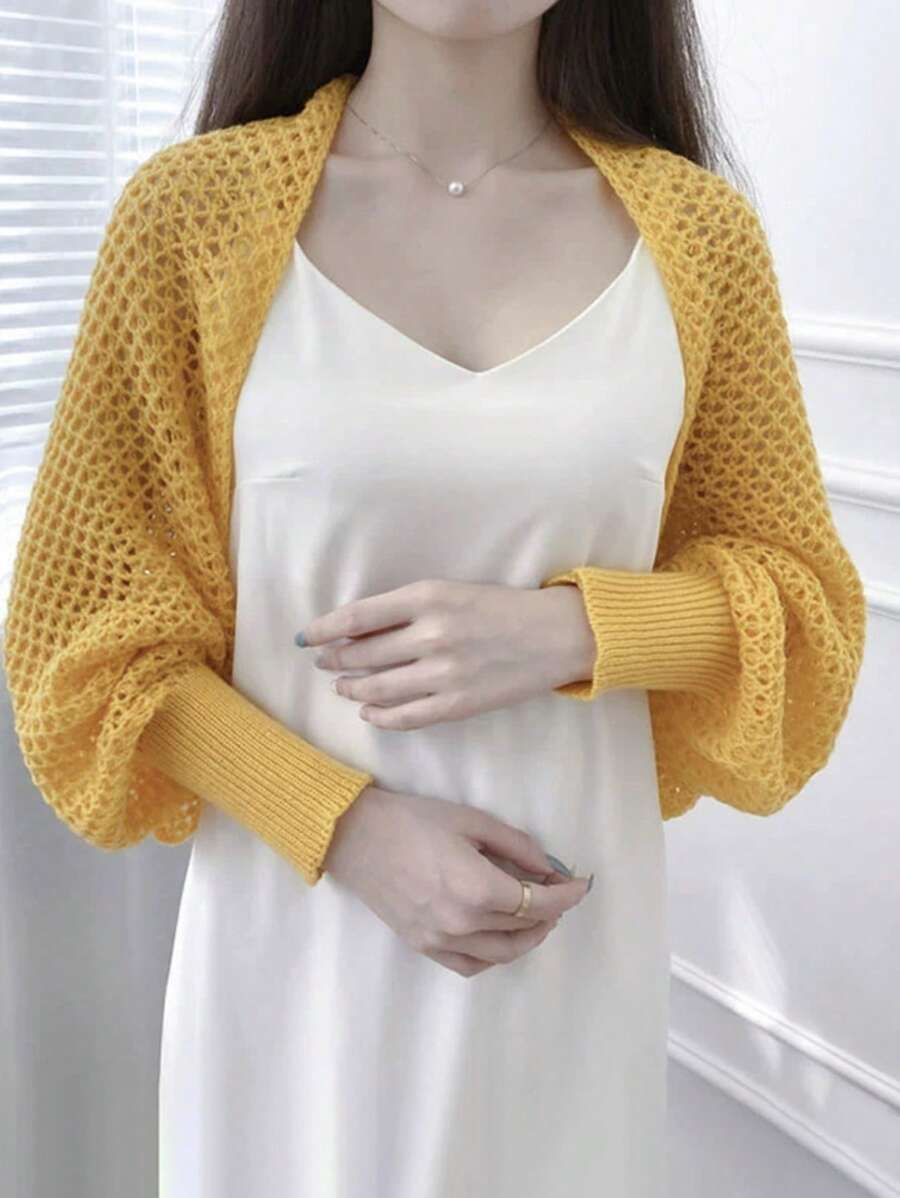 1pc Women Honeycomb Sleeve Shawl, Knitted Hollow Out Collar Cardigan, Fashion Shawl For Gather And Daily Wear, Spring/Summer