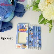 Disney Set de 6 bolígrafos de punta retráctil con diseño de Stitch, color negro, lindos, de gran capacidad, de secado rápido, como regalo escolar, papelería de cumpleaños, útiles escolares, vuelta al cole