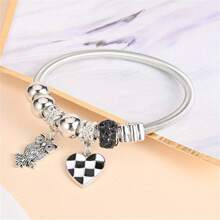 1 Piece Simple Black And White Chess Board Love & Owl Pendant Alloy Bracelet Women's Fashion Bracelet Bangle Female Daily All-Match Bracelet Accessories Birthday Gift Christmas Gift