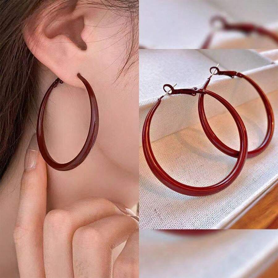 1 件红色环形耳环，高品质简约设计夹式耳环，适合女士，无需穿孔