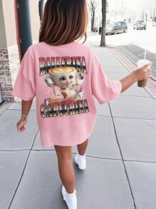Camiseta de manga corta de cuello redondo con estampado gráfico rosa para estudiantes niñas y adolescentes, top de verano