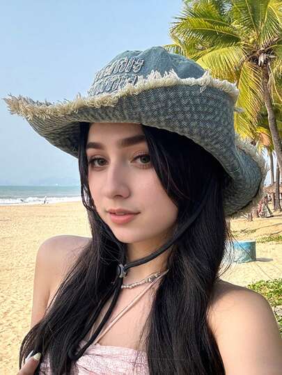 Unisex Cowboy Hat Embroidery Retro Washed Burlap Drawstring Fisherman Hat Outdoor Cycling Mountaineering Sun Hats For Travel Beach Seaside Vacation And Daily Use
