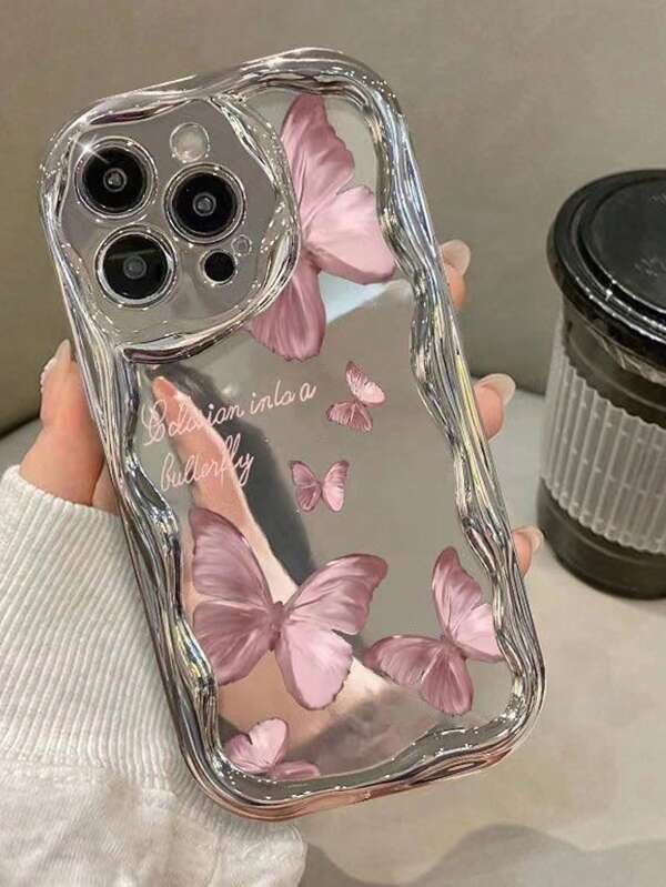 1 pieza Elegante funda de teléfono a prueba de golpes con patrón de mariposa y letra, chapado en agua y onda de TPU, compatible con Apple