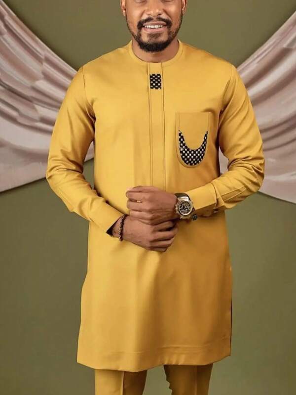 2025 NEW 2pcs/Set Men's Yellow Dashiki, Contrast Color Patchwork, Moon Pattern, Long Sleeve, Round Neck, Pocket, Hidden Button, Elastic Waist Pants, Slit Hem, African Clothing, Men's Casual Shirt & Pants Set, New 1 Outfit For All Seasons, Streetwear Style, Suitable For Parties, Dates, Weddings, Cultural Events, Traditional Ceremonies