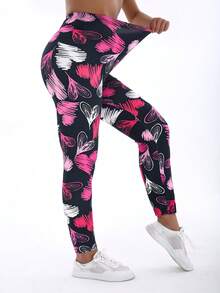 1件大码女式运动紧身裤，高弹力户外健身跑步瑜伽裤，提臀塑形健身训练拳击裤。柔软舒适的抓绒材质，心形印花，7/8长度，适合情人节、节日、派对和活动 - 紅白色 - 查看 6